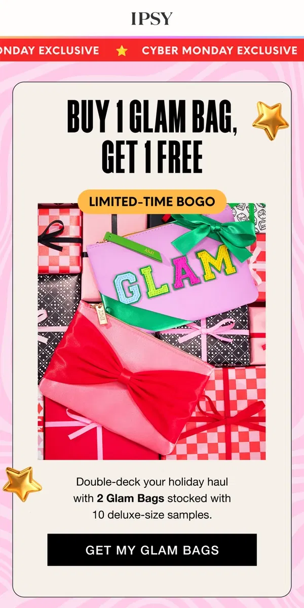 Email from BoxyCharm by IPSY. Surprise! You got a FREE Glam Bag