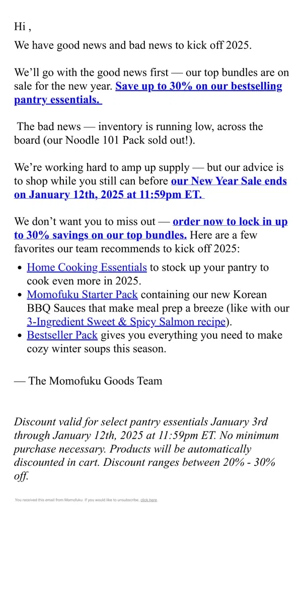 Email from Momofuku. Heads up! Inventory Status Update