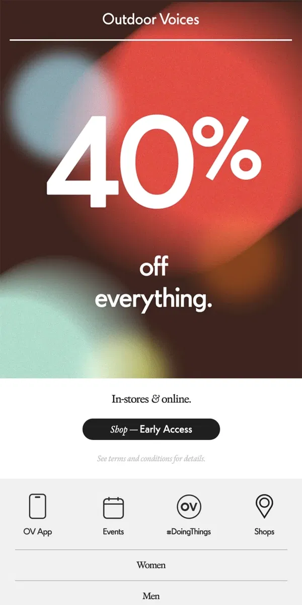 Email from Outdoor Voices. 40% off — Pre-Black Friday is here.