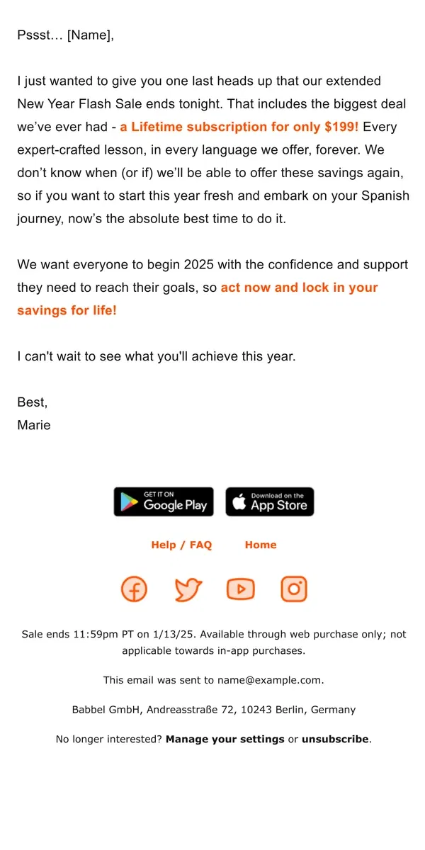 Email from Babbel. We’re in the final hours, [Name]... 