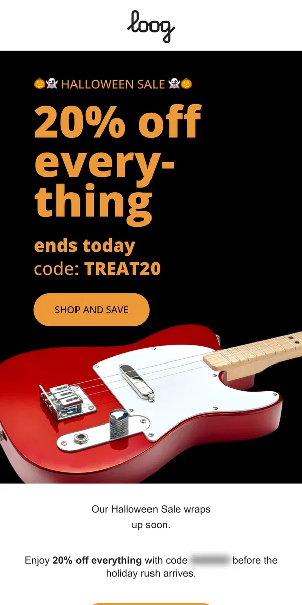 Email from Loog Guitars. Last chance for our Halloween Sale 🎃👻