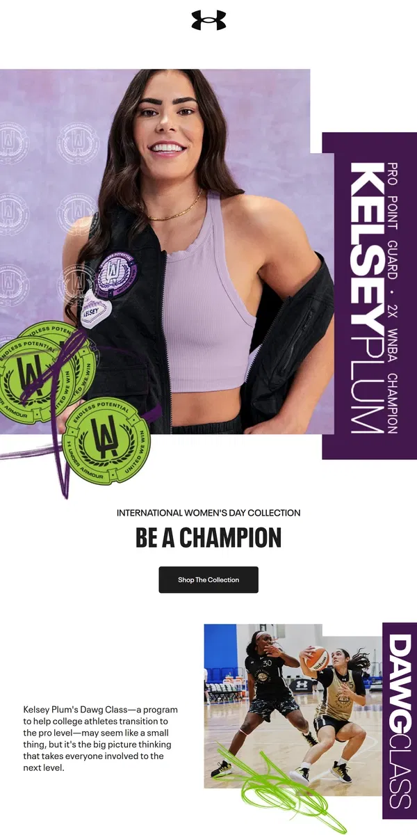 Email from Under Armour. International Women's Day with Kelsey Plum