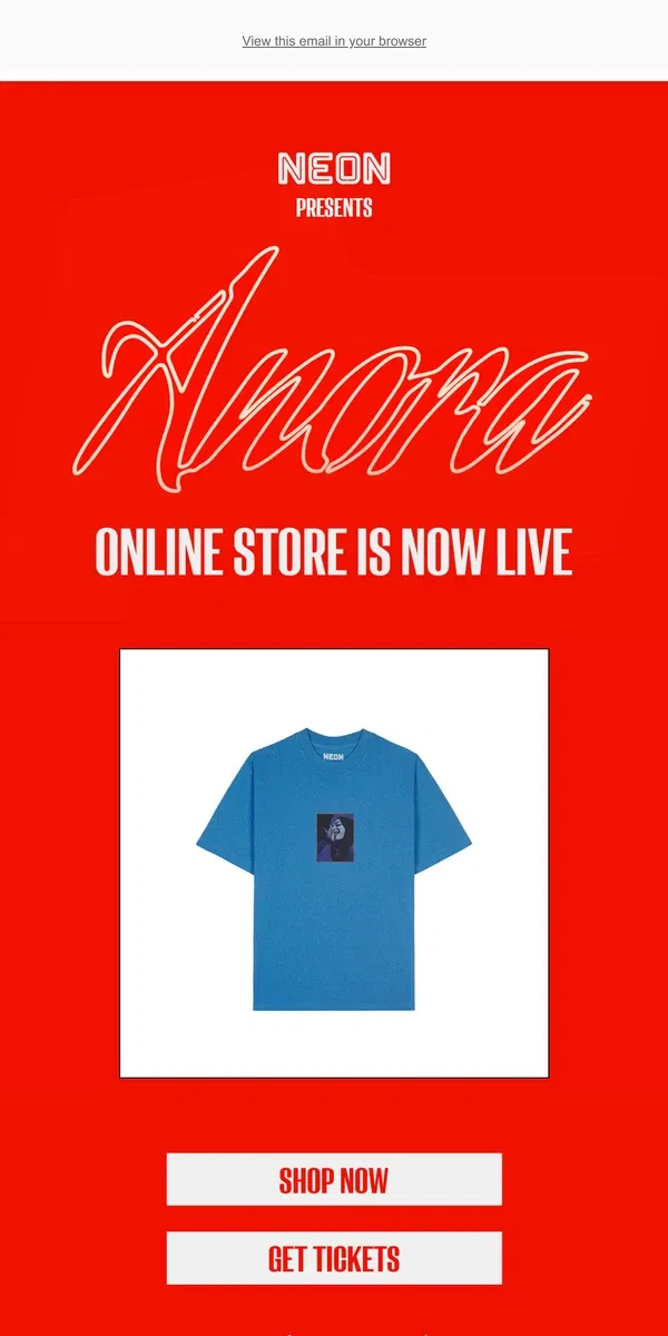 Email from NEON. ANORA Store - Open Now!