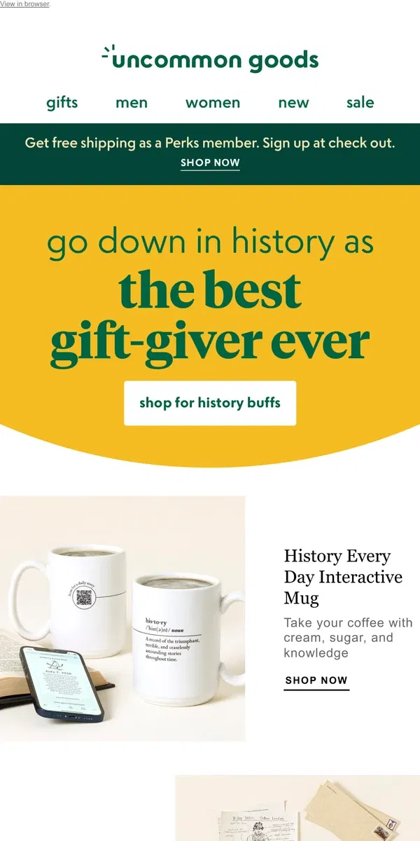 Email from Uncommon Goods. Gifts for history buffs