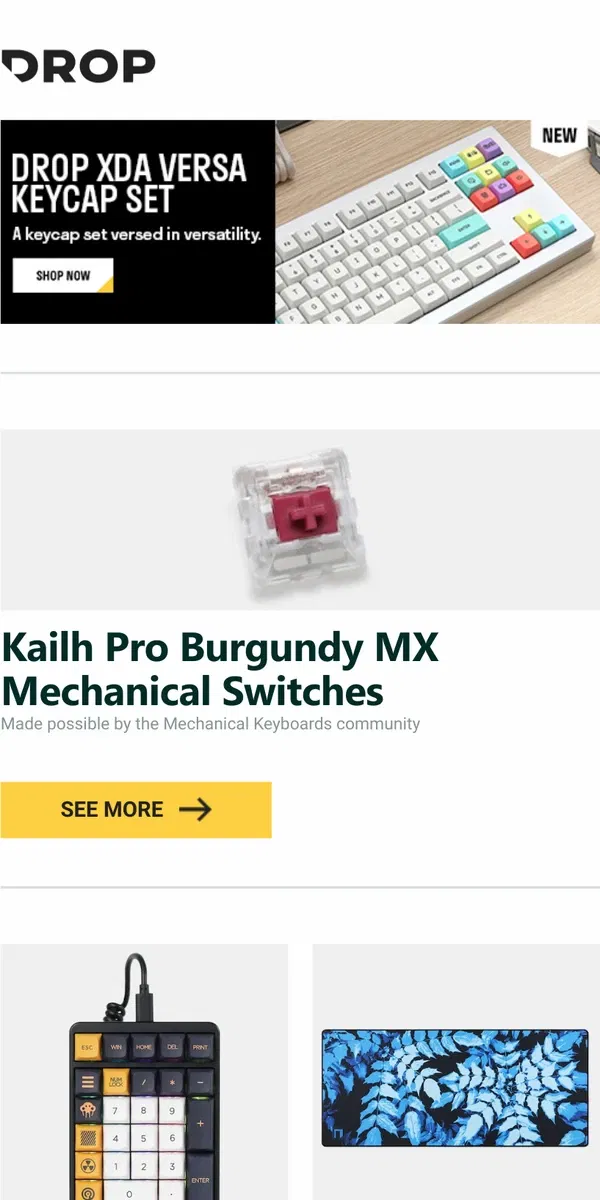 Email from Drop. Kailh Pro Burgundy MX Mechanical Switches, IDOBAO Montex Number Pad MX Mechanical Keyboard, Drop + Sage Crow Design Sharp Thicket Desk Mat and more...