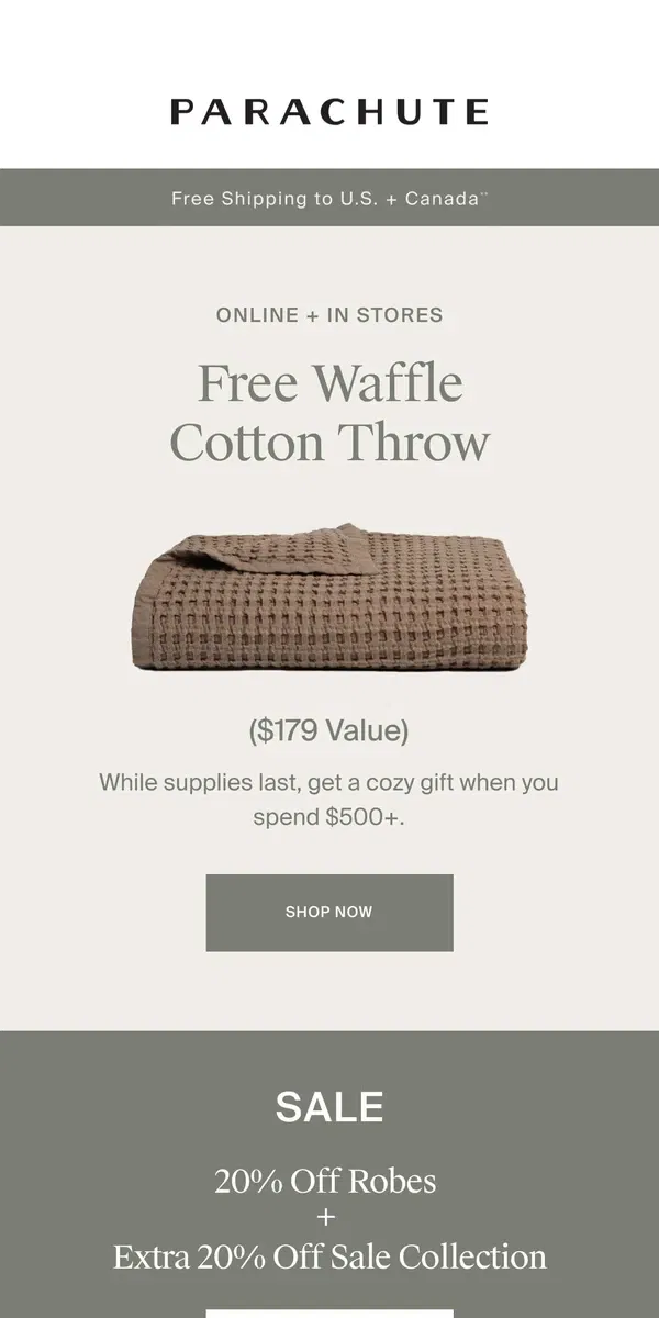 Email from Parachute Home. A Gift For You: Free Waffle Throw