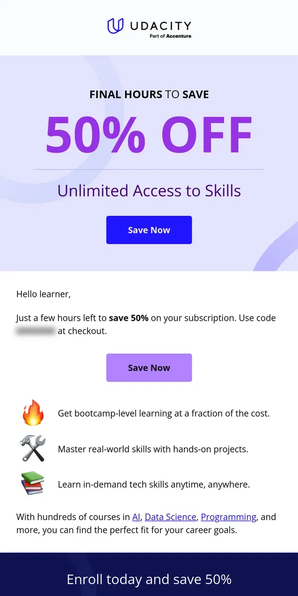 Email from Udacity. ⚡ Hurry! Final Hours: 50% Off