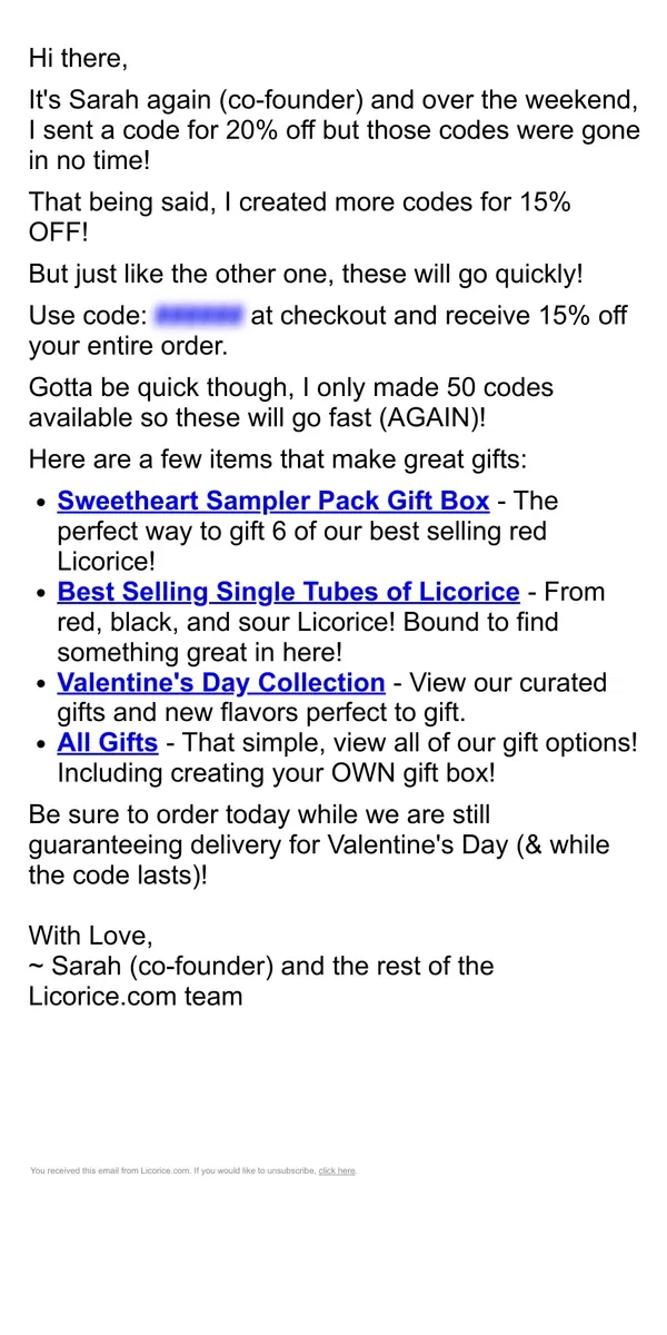 Email from Licorice.com. Last Call - 15% off Valentine's Day