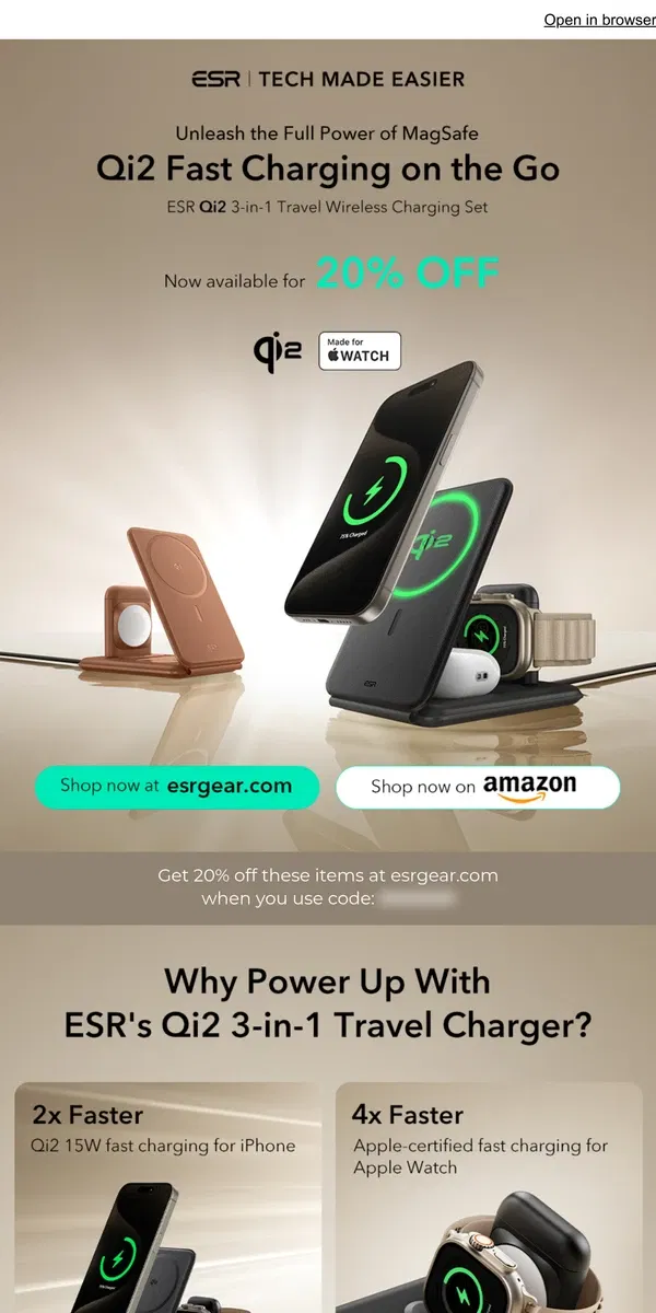 Email from ESR. The new Qi-2 3-in-1 wireless charging set is here ⚡️