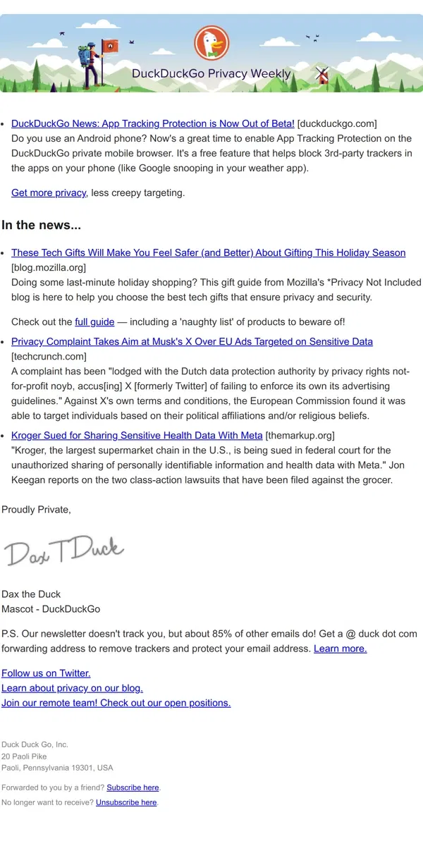 Email from DuckDuckGo. [ DuckDuckGo Privacy Weekly ] For Dec 21, 2023