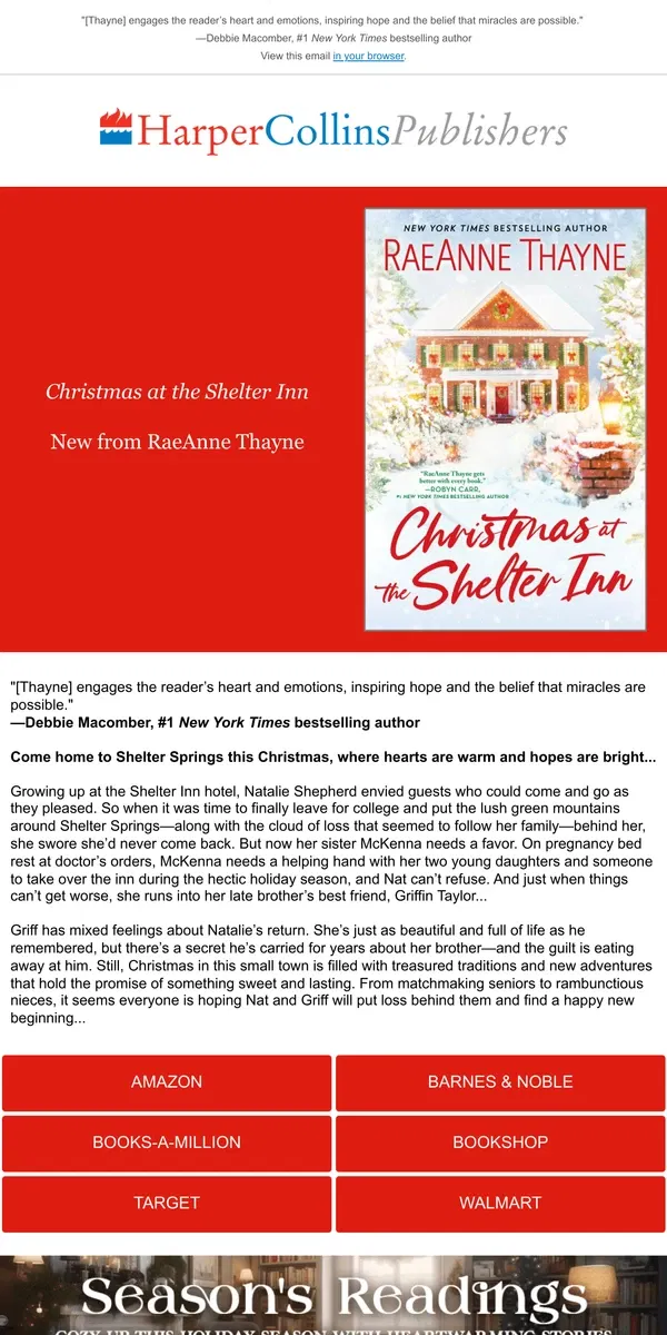 Email from HarperCollins Publishers. RaeAnne Thayne returns with a cozy new holiday romance