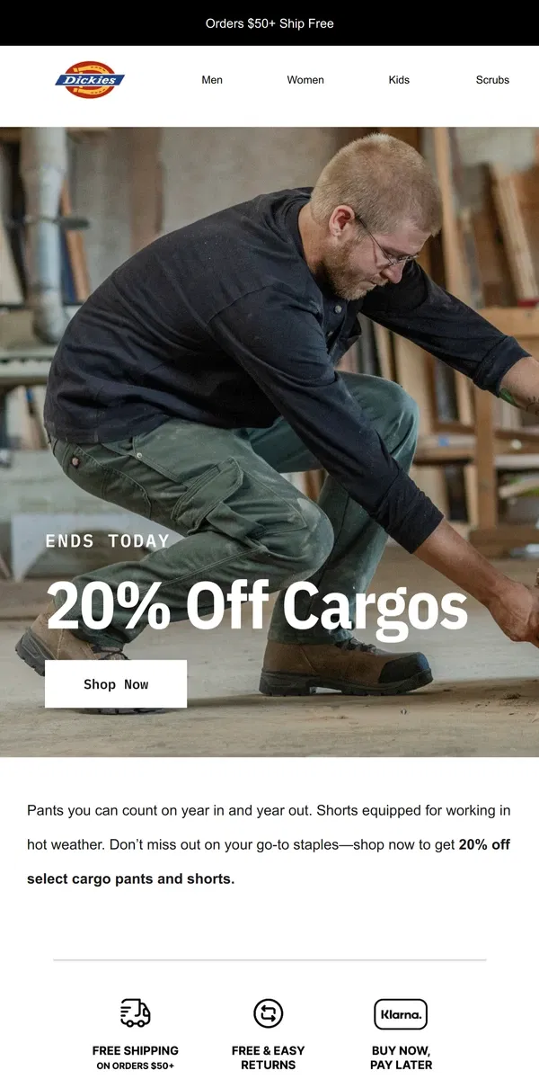 Email from Dickies. ⏳ Ends Today: 20% Off Cargos