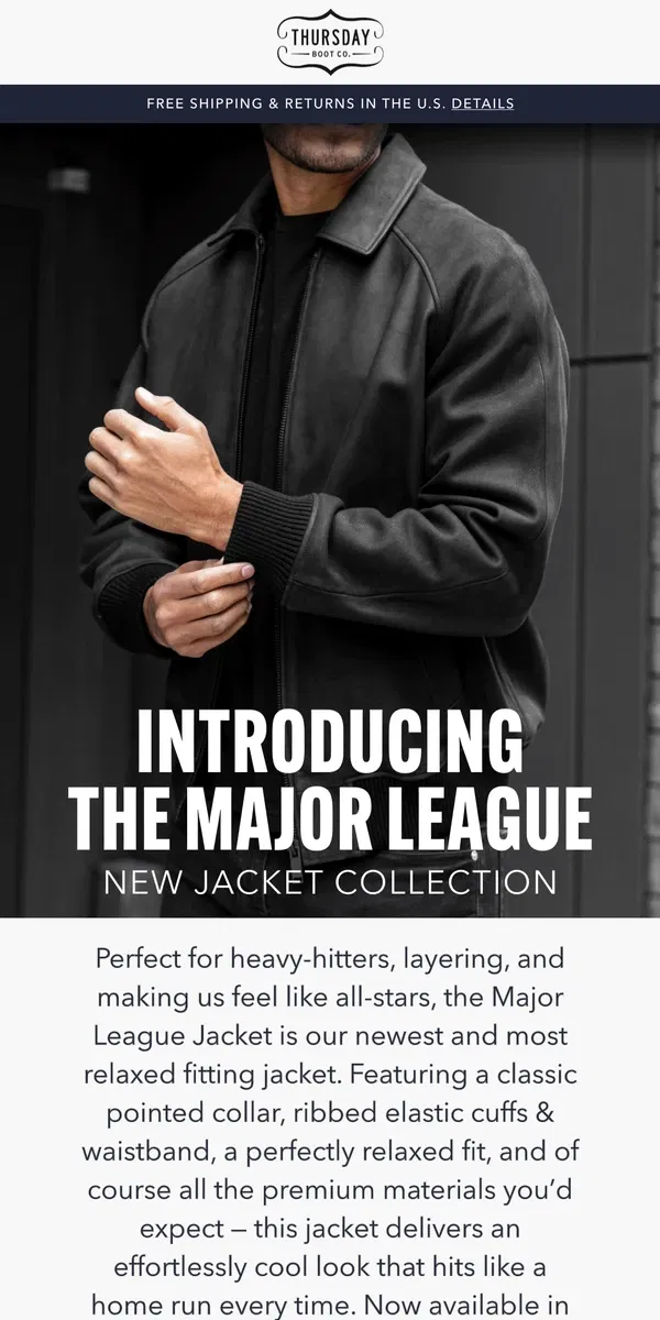 Email from Thursday Boot Company. New Jacket Collection – The Major League!