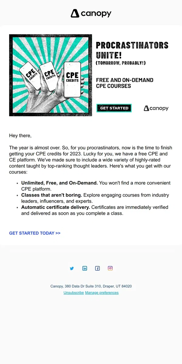 Email from Canopy. Complete your 2023 CPE for FREE!