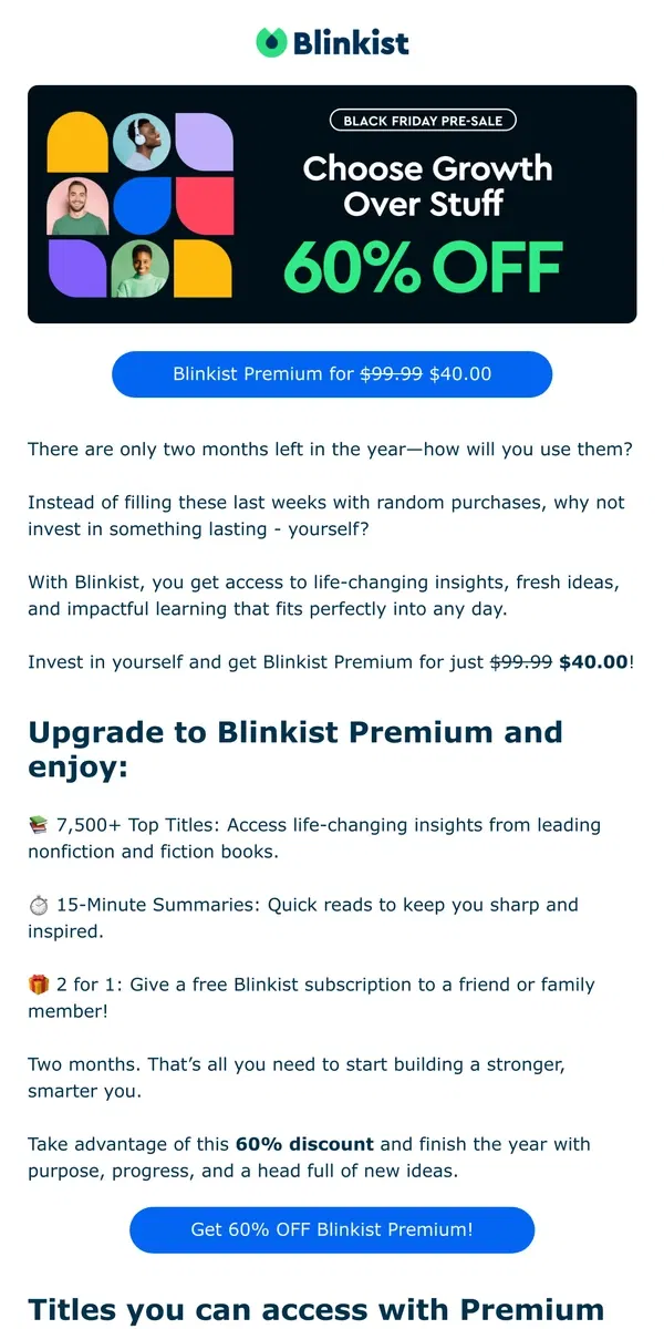 Email from Blinkist. 60% OFF to End the Year Strong! 🚀