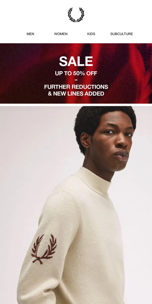 Email from Fred Perry. Key Categories Now All At 50% off