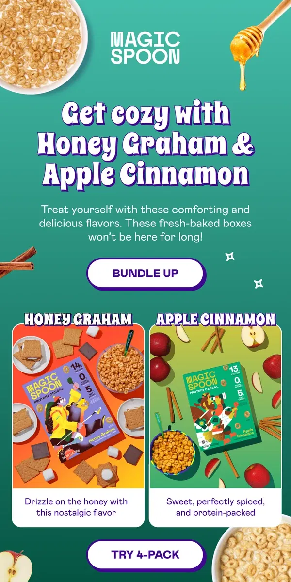 Email from Magic Spoon Cereal. Warm up with Honey Graham & Apple Cinnamon 🍯🍎