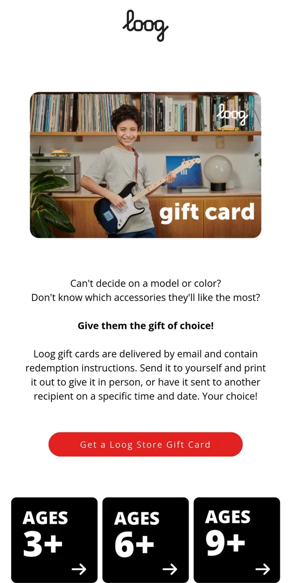 Email from Loog Guitars. Loog gift cards to the rescue!