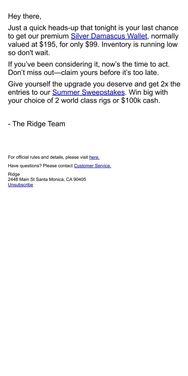 Email from The Ridge. Deal Drop Ends Now