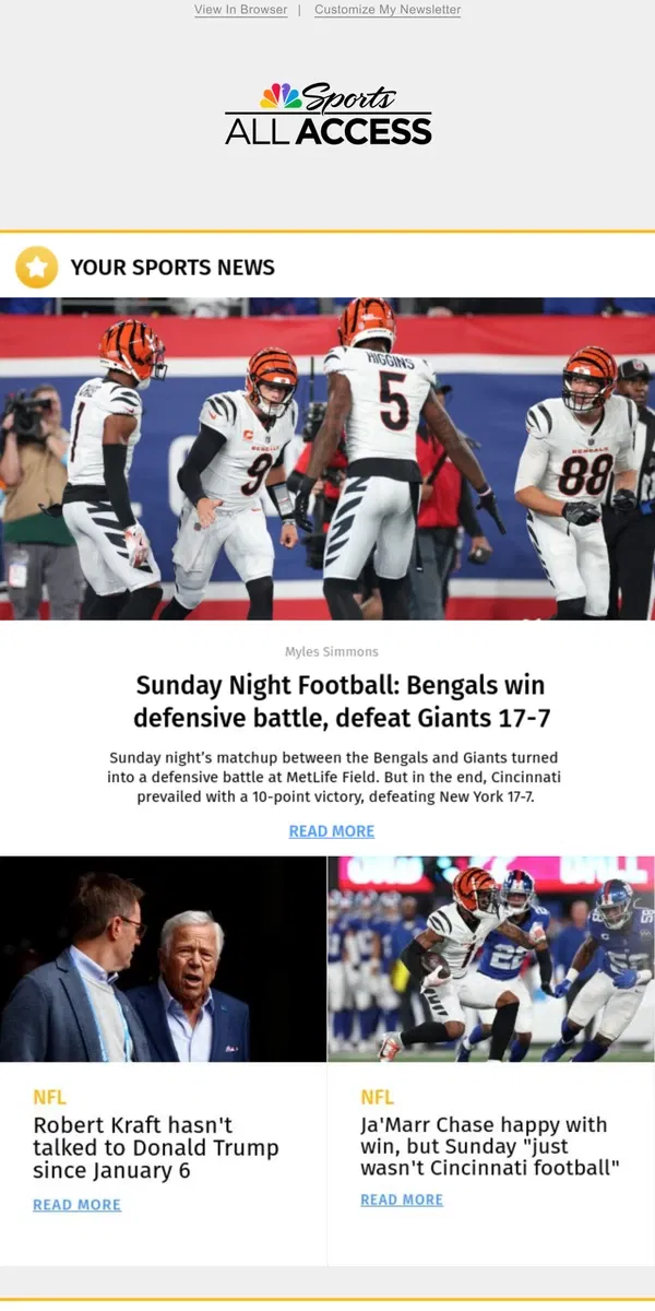 Email from NBC Sports. SNF: Bengals win defensive battle, defeat Giants 17-7