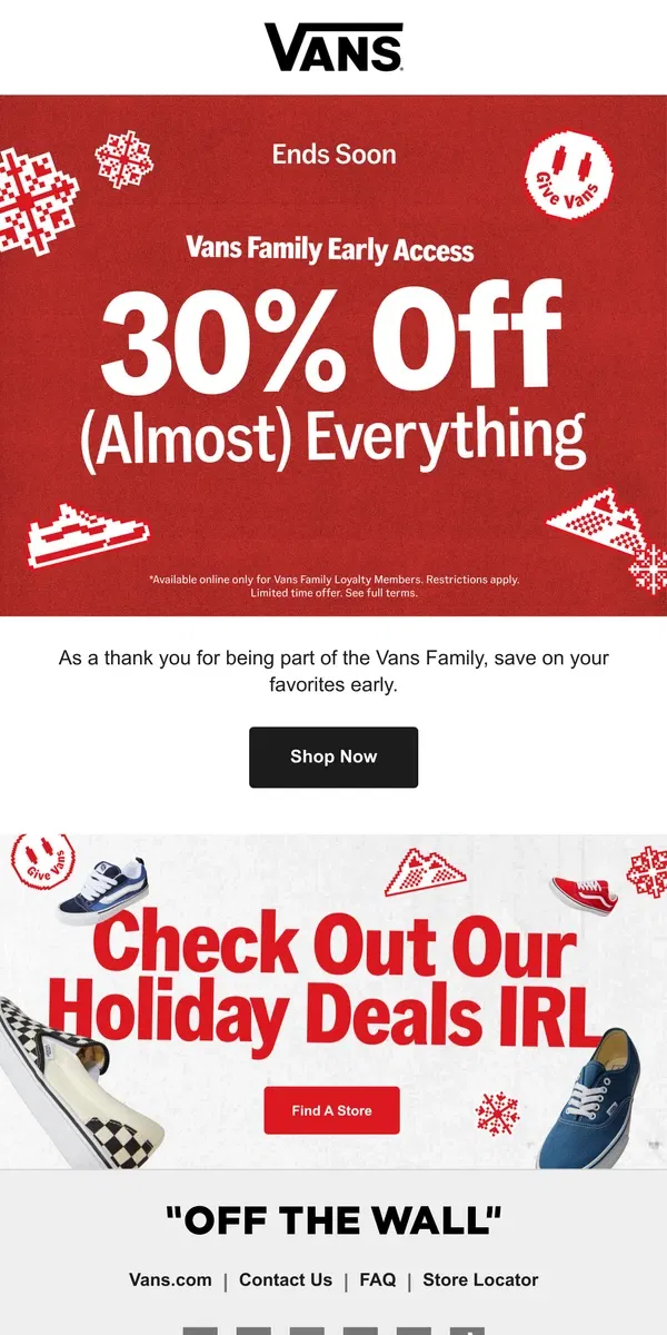 Email from Vans. LAST CALL: 30% Off (Almost) Everything + 40% Off Sale