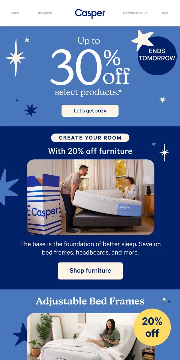 Email from Casper. 20% off bedroom furniture ends tomorrow.