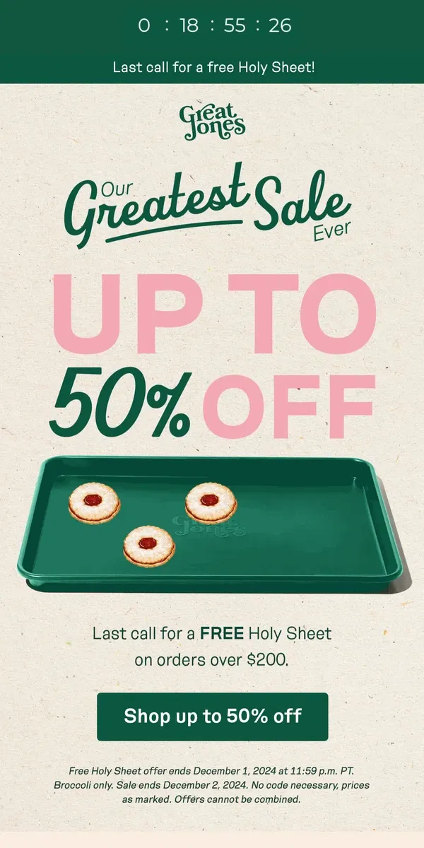 Email from Great Jones. Up to 50% off & a FREE Holy Sheet