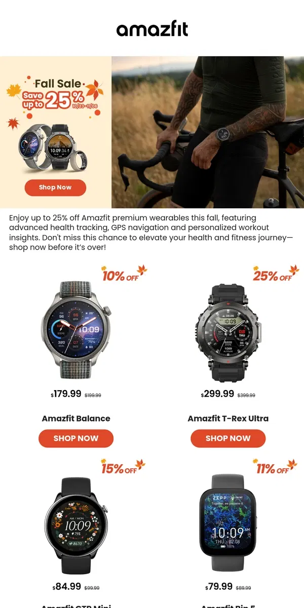 Email from Amazfit. Save up to 25% on Amazfit Wearables This Fall🍂