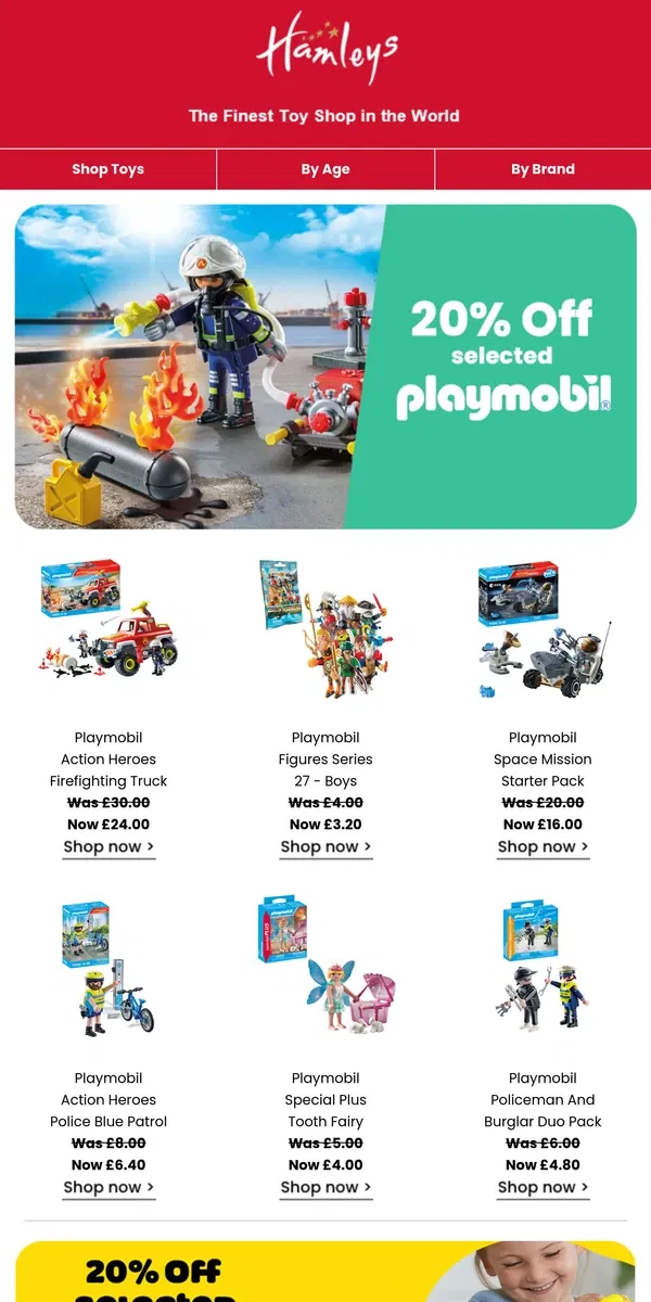 Email from Hamleys. Shop 20% Off New In Playmobil & Play-Doh!