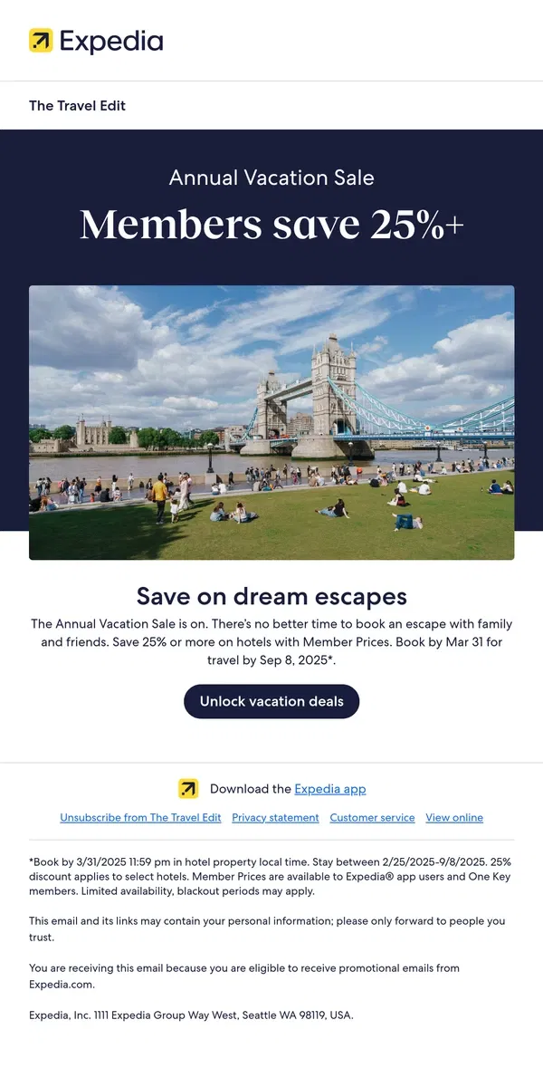 Email from Expedia. Sale starts now: 25%+ off hotels