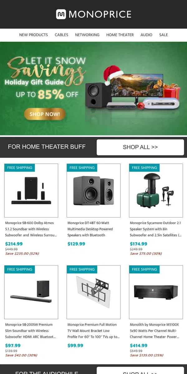 Email from Monoprice. 🎁 GIFT GUIDE 🎁 Gifts for the Audiophile and Home Theater Buff! 