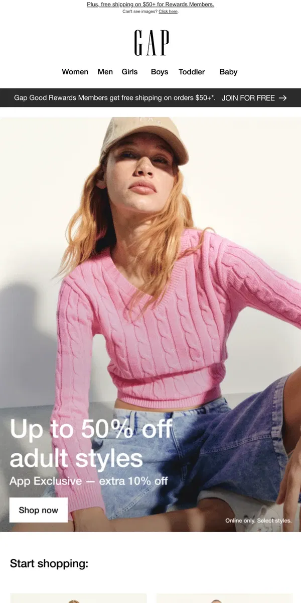 Email from GAP. Get dressed for spring: up to 50% off + app bonus 10%