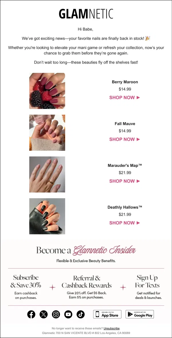 Email from Glamnetic. We Just Restocked Your Fave Nails!