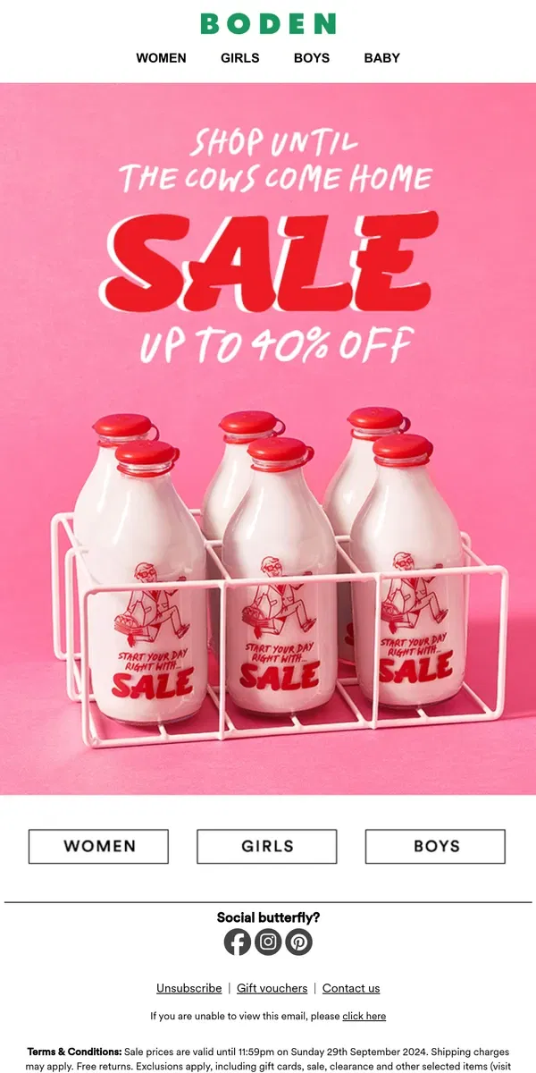 Email from Boden. UP TO 40% OFF SALE: fresh savings🥛