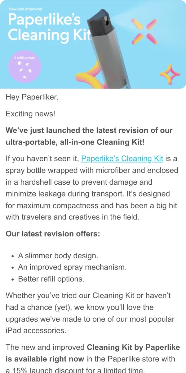 Email from Paperlike. 📣 Paperlike’s Cleaning Kit just got better!