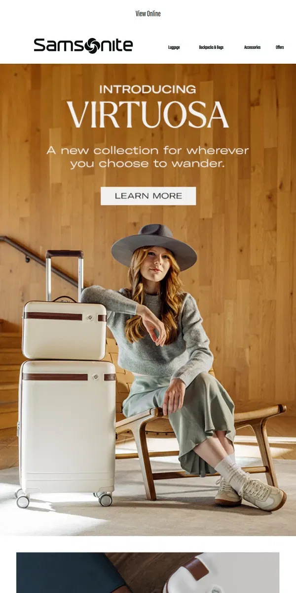 Email from Samsonite. Introducing Virtuosa: Travel in Style, Travel with Confidence