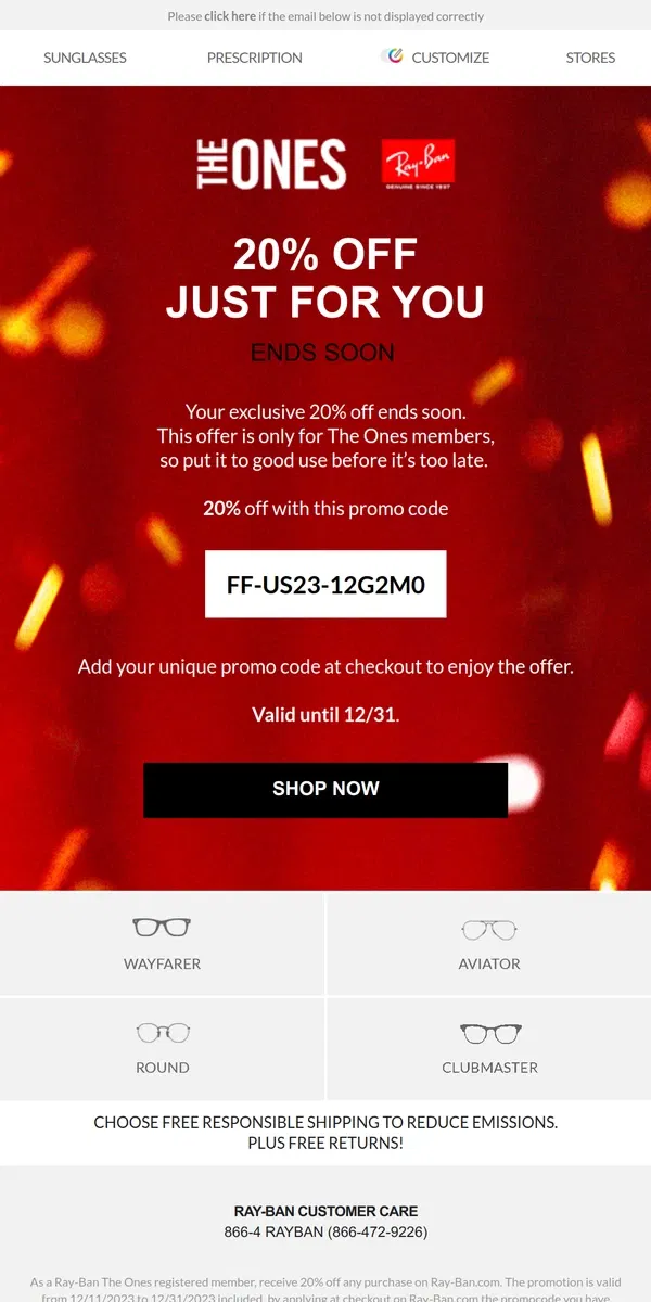 Email from Ray-Ban. Don’t lose your 20% off