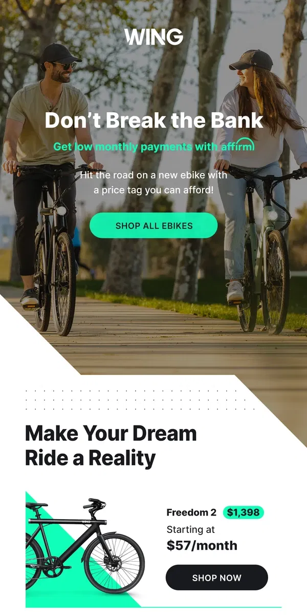 Email from Wing Bikes. Ride for Just $63/Month with Affirm