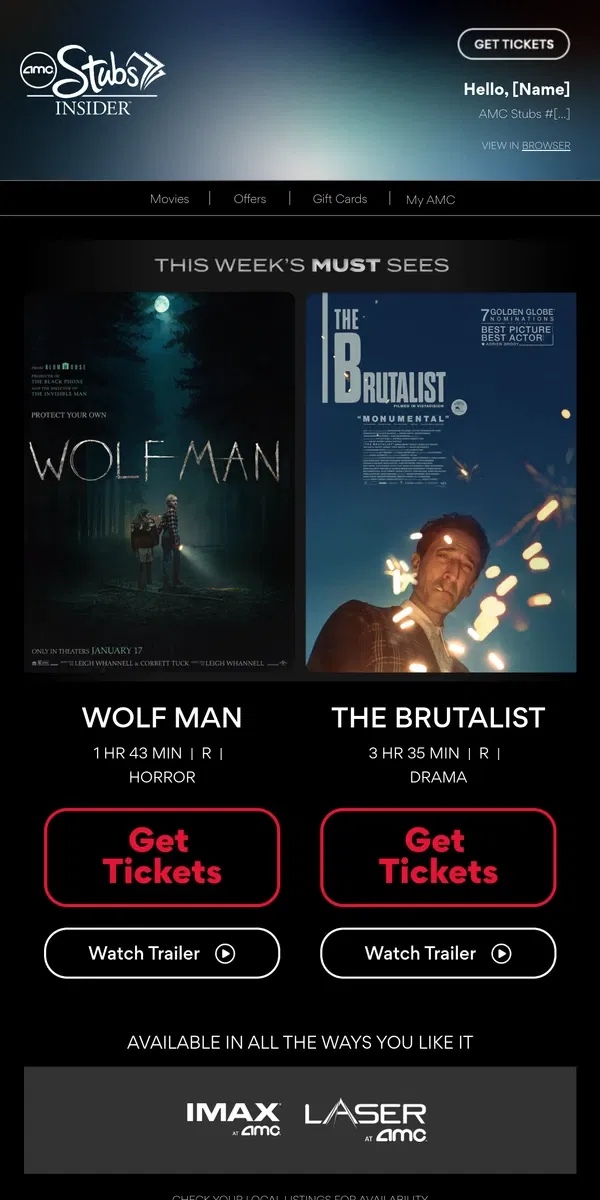 Email from AMC Theatres. [Name], Your Weekly Ticket Is Here