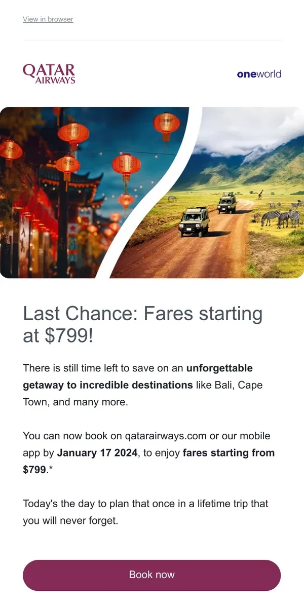 Email from Qatar Airways. Last chance to ring in the New Year with our exclusive offer starting at $799