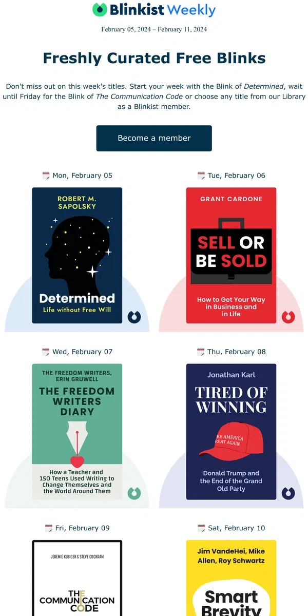 Email from Blinkist. 📚 Upcoming Reads: Your free book summaries for next week!