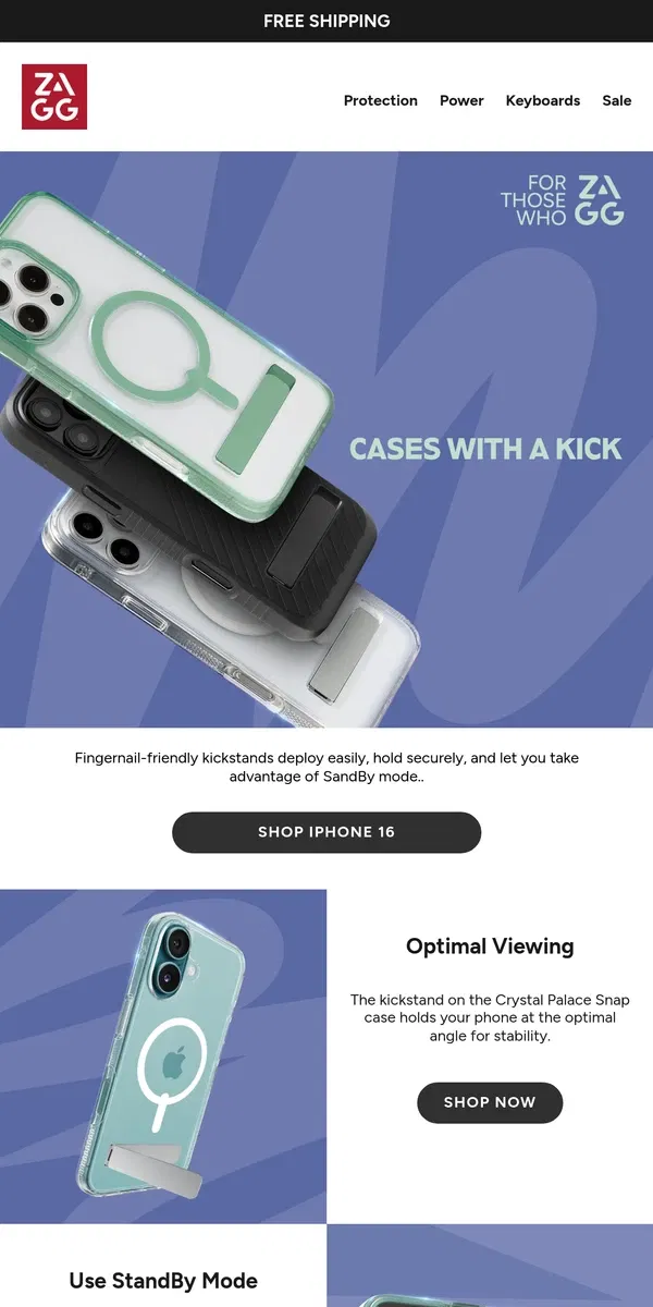 Email from ZAGG. New Kickstand Cases Designed for New iPhone 16