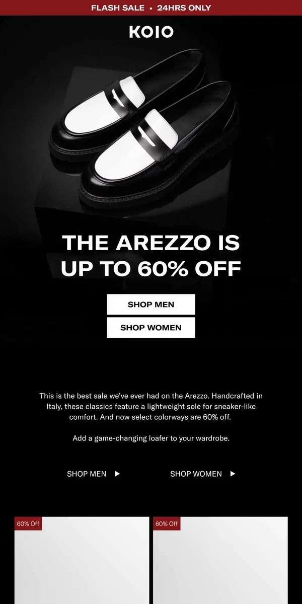 Email from Koio. Up to 60% off the Arezzo today