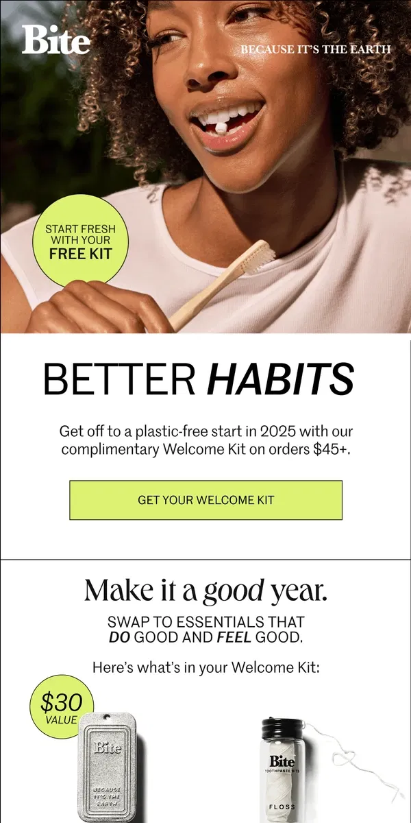 Email from Bite Toothpaste Bits. Fresh start, FREE Welcome Kit.