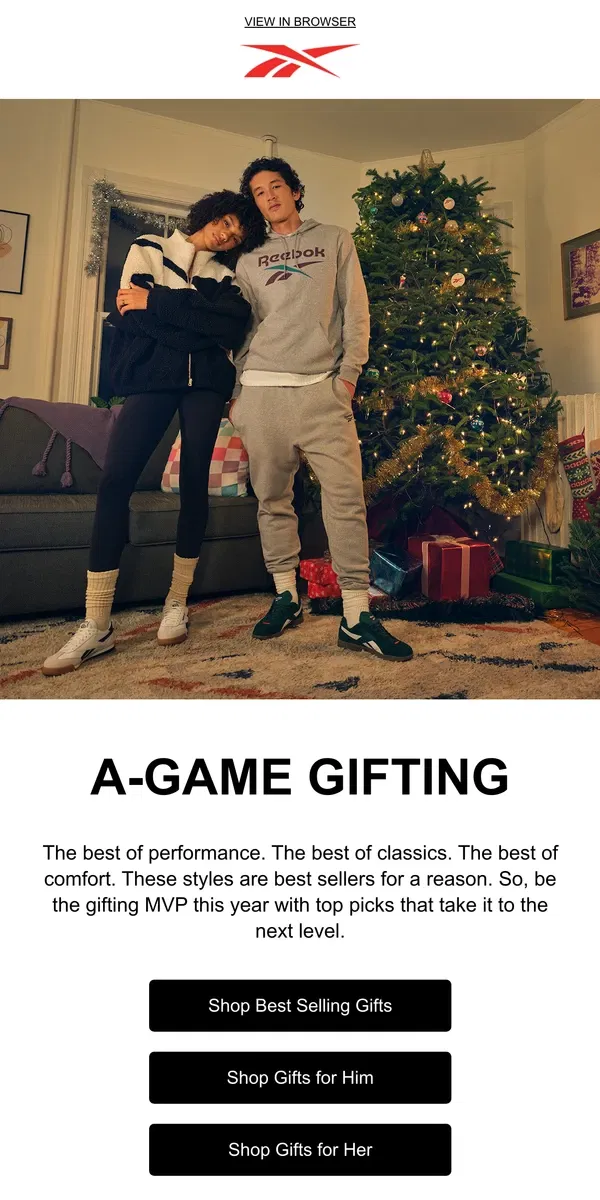 Email from Reebok. Hot tip: Get holiday shopping early 😏