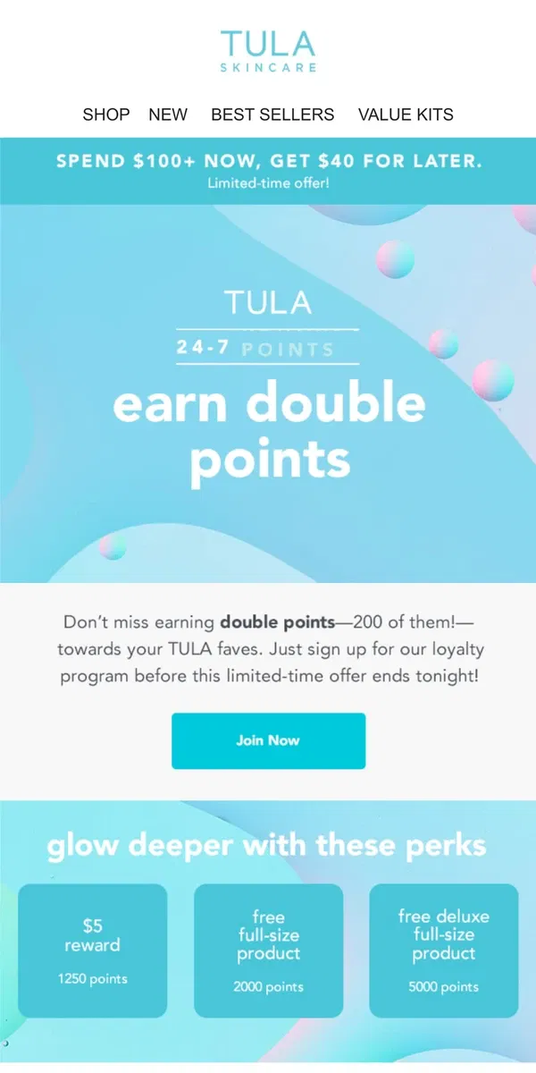 Email from TULA Skincare. ❗️2x points ends tonight❗️