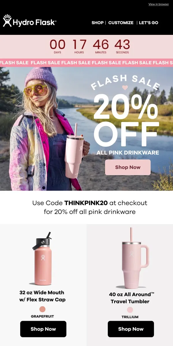 Email from Hydro Flask. LAST CHANCE for 20% off pink 💞