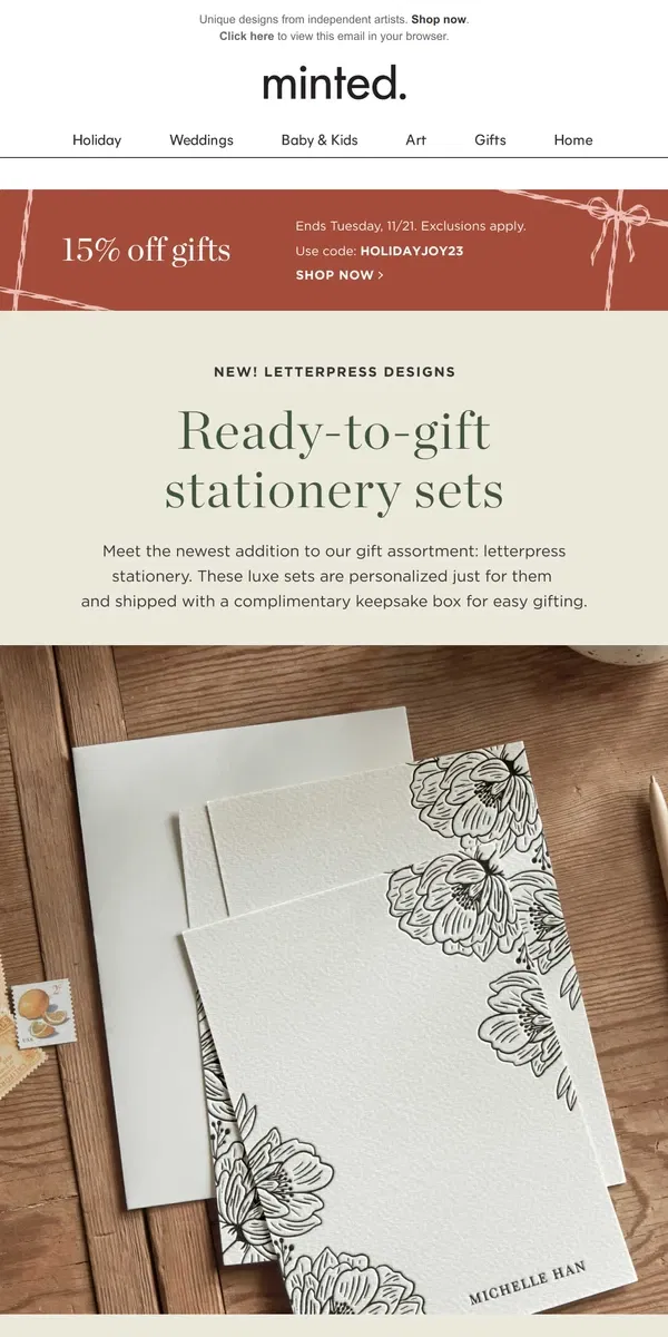 Email from Minted. NEW! Letterpress stationery (plus it’s 15% off)