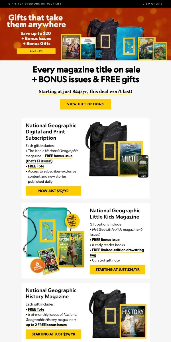 Email from National Geographic. LOWEST PRICE OF THE YEAR on all magazine titles! Save up to $20