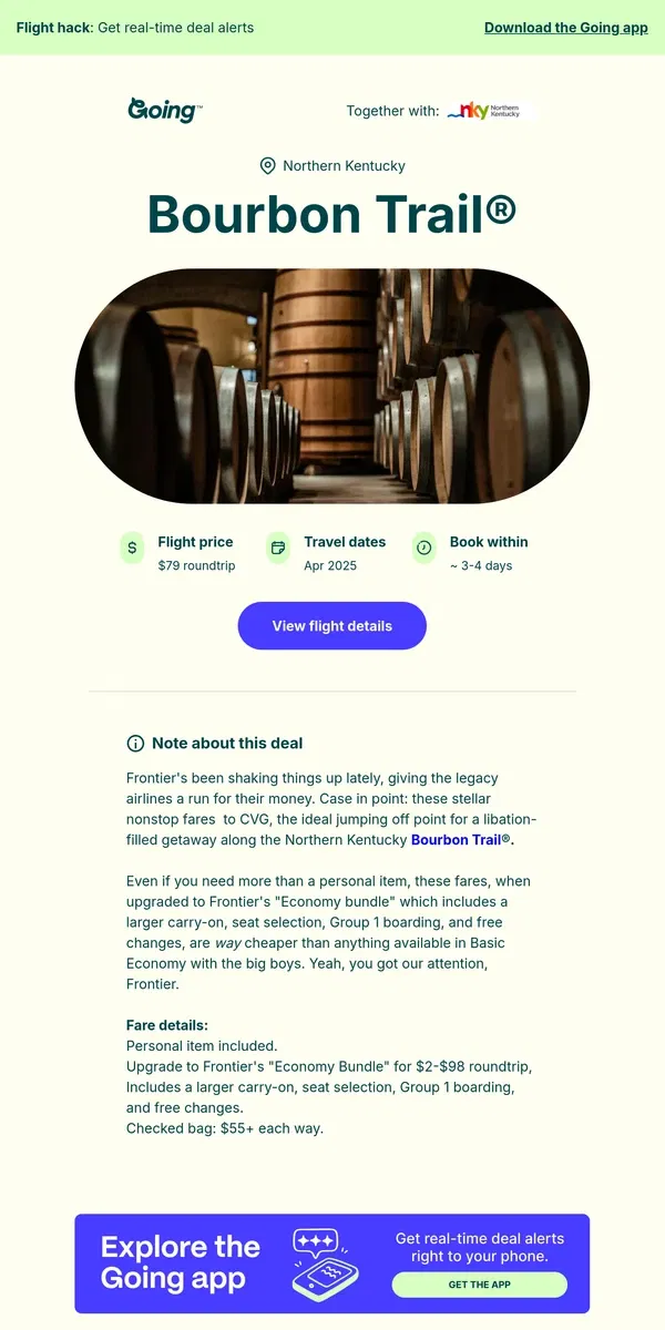 Email from Going. 🥃 Bourbon Trail®  —  $79 (Apr)